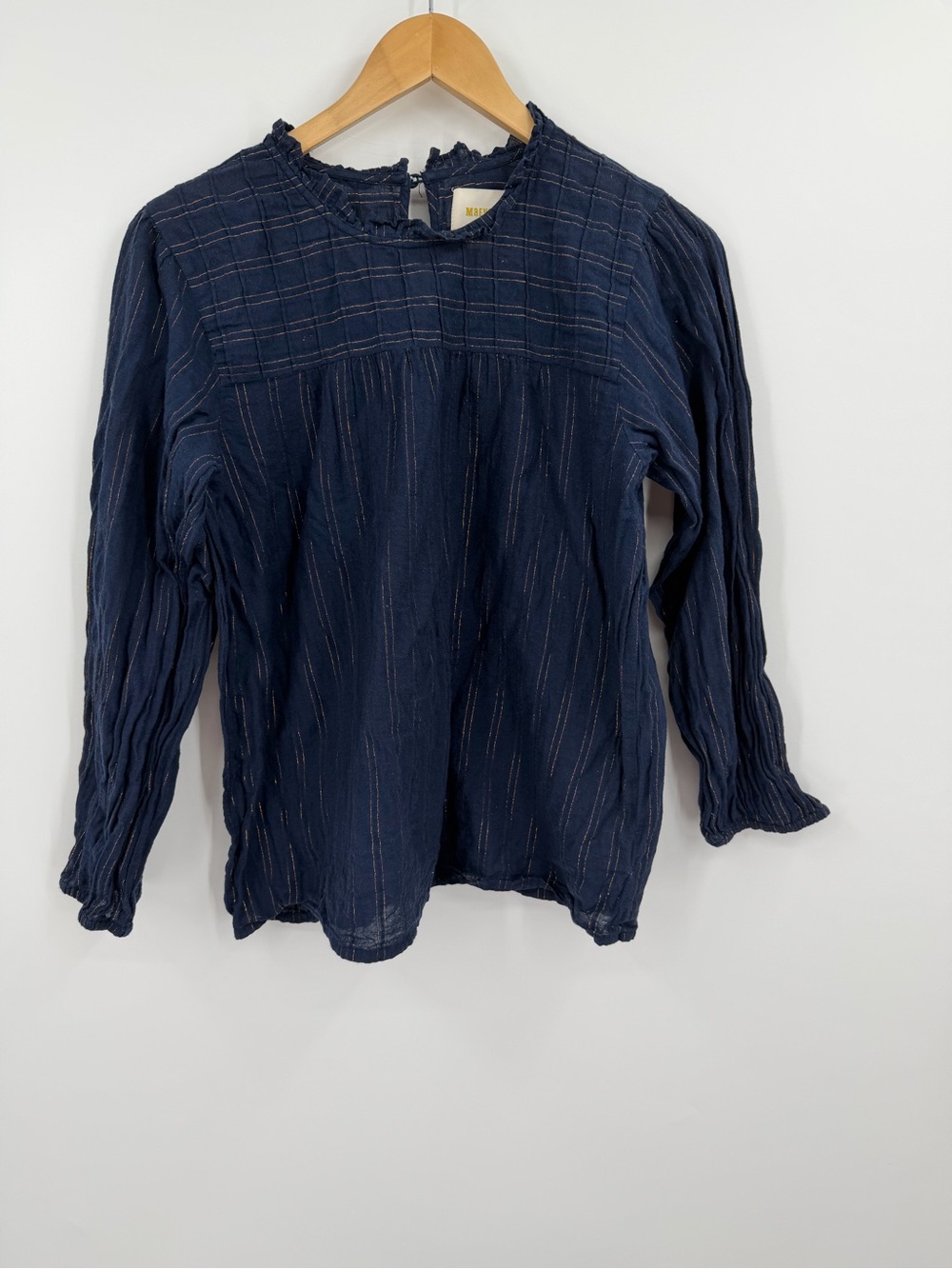 Maeve Anthropologie Navy Gold Pinstripe Ruffle Top Size M